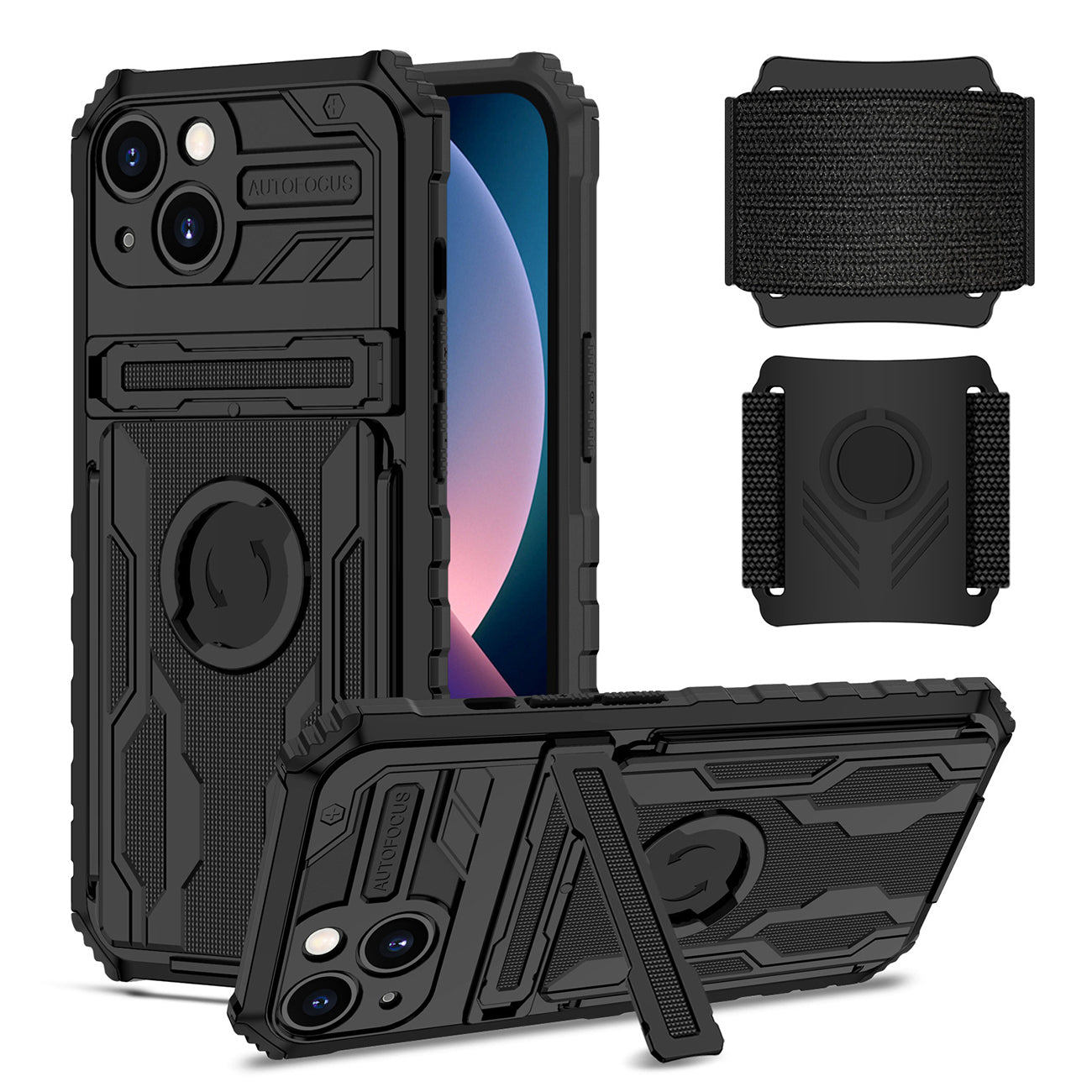High Elastic Plastic iPhone 13 Case with Kickstand, Sports Mobile Wristband and Card Slot In Black